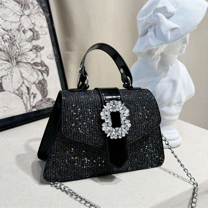 

Fashion Rhinestone Women's Handbags Vintage Buckle Square One Shoulder Bags 2025 New Solid Color PU Chain Crossbody Bag