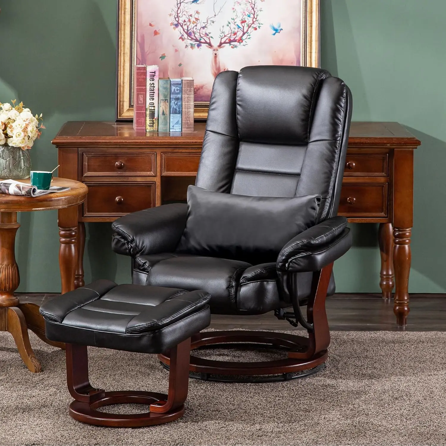 Recliner Chair with Ottoman, 360° Swivel Wooden Base, Vibration Massage Chair for Living Room, Faux Leather Accent Chair