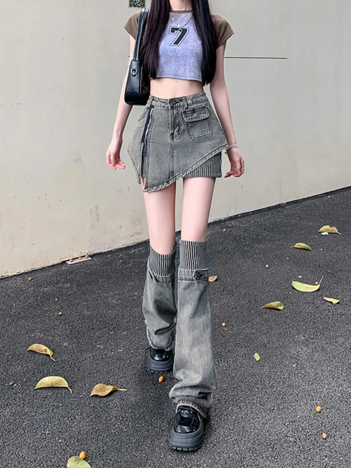 Y2K Aalyptic Sle f Rock Jeans A-Linie Sommer Hot Girl Streifen Spleißen Leggings Zweiteiliges Set Damen Hohe Taille Ort...