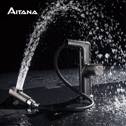 Modern gun gray bathroom faucet pull-out design single handle cold and hot dual control 2-function basin faucet