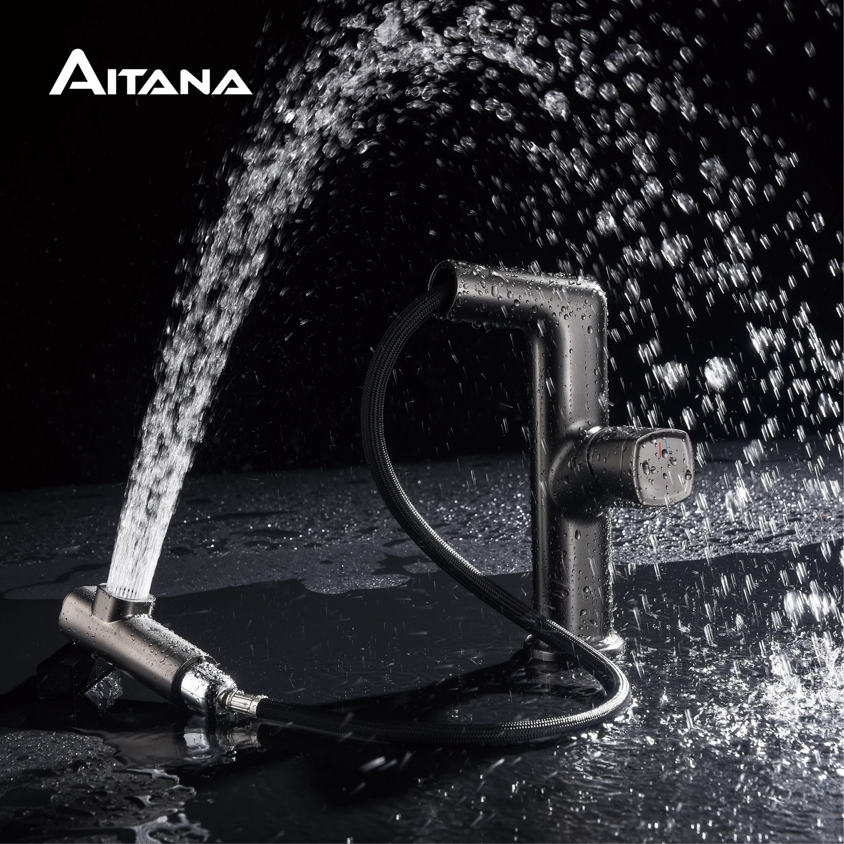 Torneira de Lavatório de Banheiro com Alça Única Arma Moderna Cinza Controle Duplo Frio e Quente Alça Dupla Design de Puxar