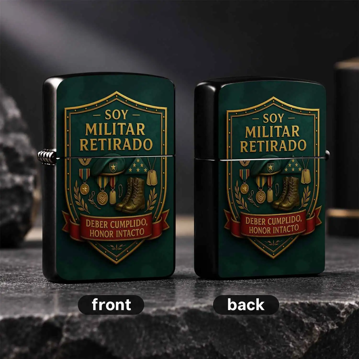 Veteran Retired Military Themed Pocket Lighter, Exquisite Green Gold Badge Embossed Craft, Duty Fulfilled Honor Intact Commemorative Gift, Portable Practical Accessory For Daily All Scenarios, Thoughtful Present To Honor Army Service Legacy