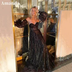 Amanda Sexy Sweethert Shiny Evening Dress Black A-line Puffy Sleeve Party Dress Gliiter Prom Dress 2024 Sexy فساتين مناسبة رسمية