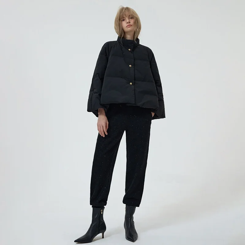 Casaco de Inverno F Versátil com Gola Alta e Botões, Jaqueta de Plumas de Ganso Espada, Manga Longa, Cor Sólida