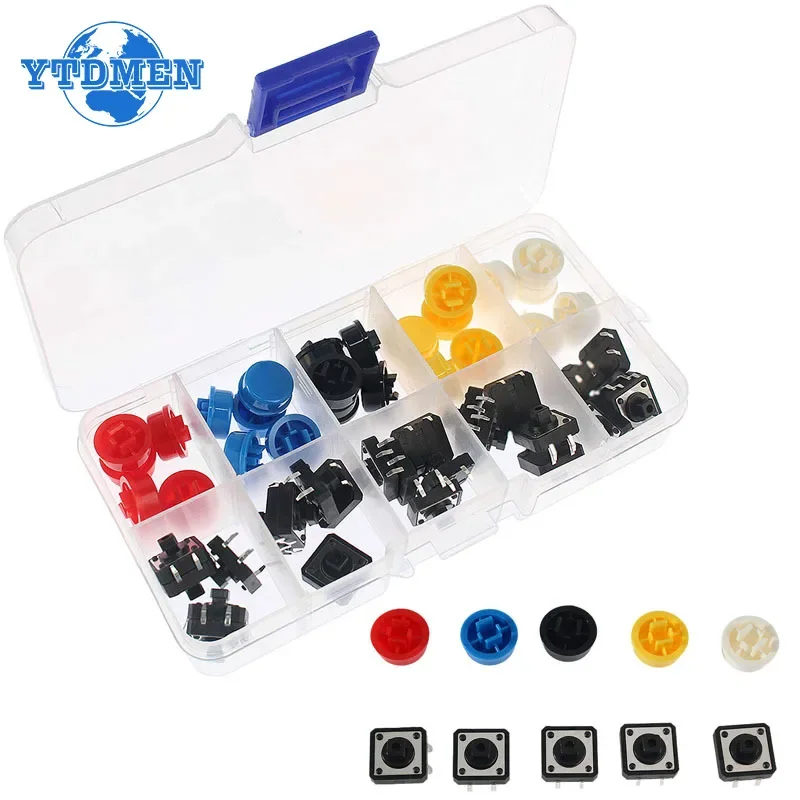25Sets Keycap Tactile Push Button Switch Momentary 12*12*7.3MM Micro Switch Button Circular Cap Kit (5 Colors) , for Arduino