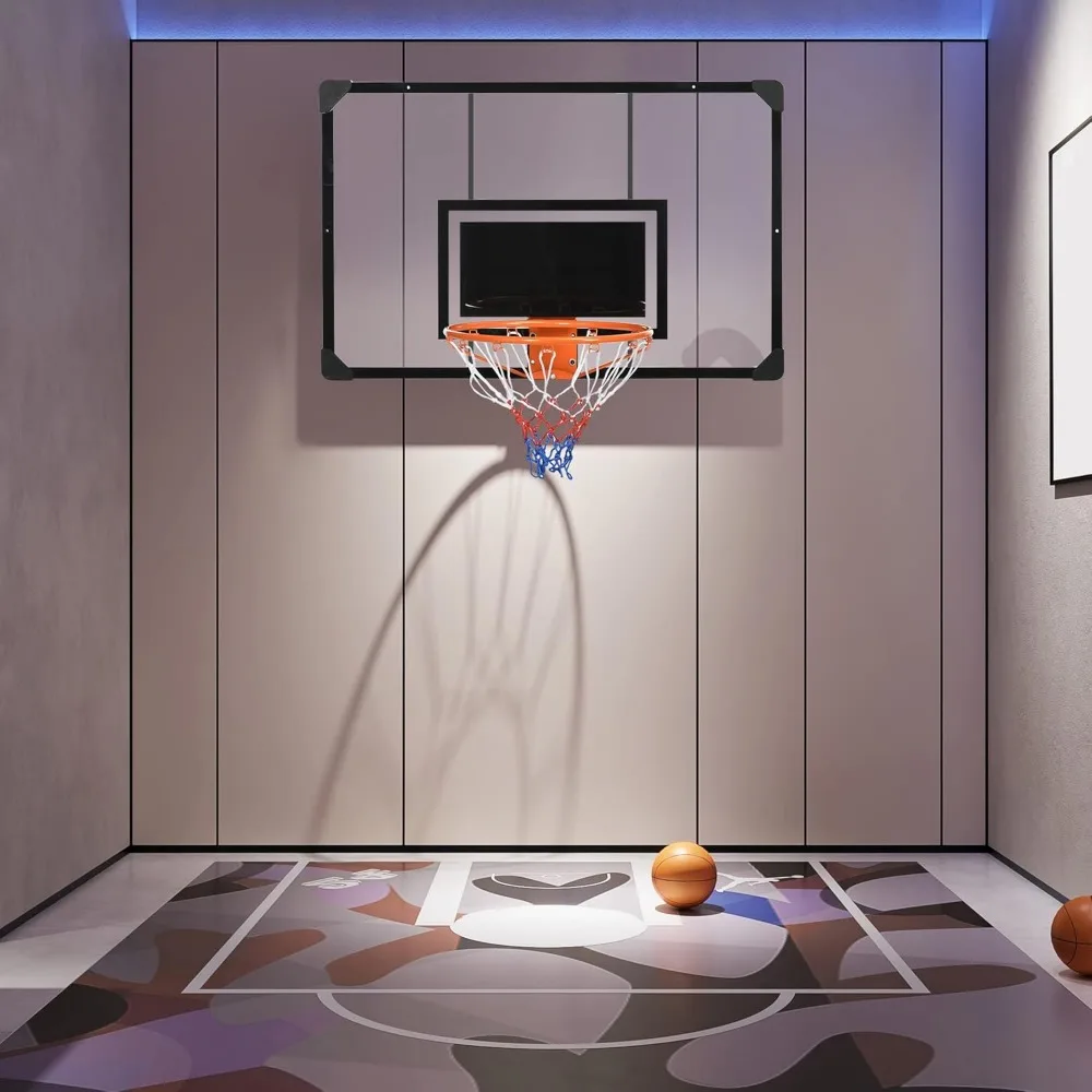 Wandgemonteerde basketbalstandaard voor binnen en buiten met 45x29 onbreekbaar bord, duurzame ring, net voor alle weersomstandigheden
