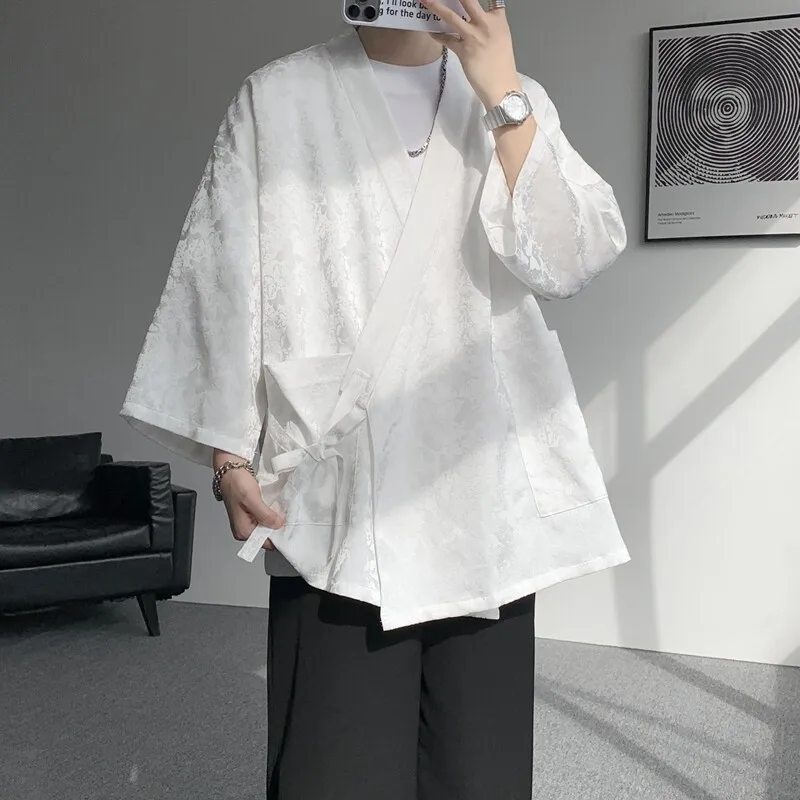 Trendy Men's Jacquard Samurai Cardigan 3/4 Sleeve Lightweight Cover-Up Asian-Inspired Boho Loungewear for Summer Plus Size M-5XL