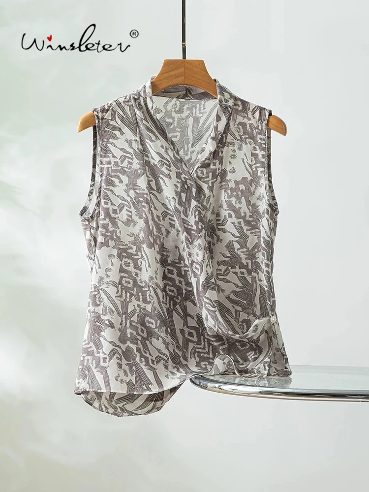 Winsleter-100%Real Silk Double Crepe Elegant Vest, V Neck Print, Women French Commute Thin Loose Vest, 2026 Summer New T66933CC