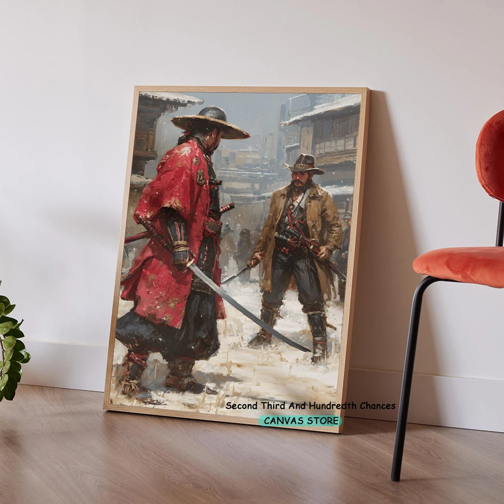 Vintage Western Cowboy Vs Samurai Painting Americana Japanese Wall Art Canvas Painting Cowboy Samurai Poster Wall Pictures Decor