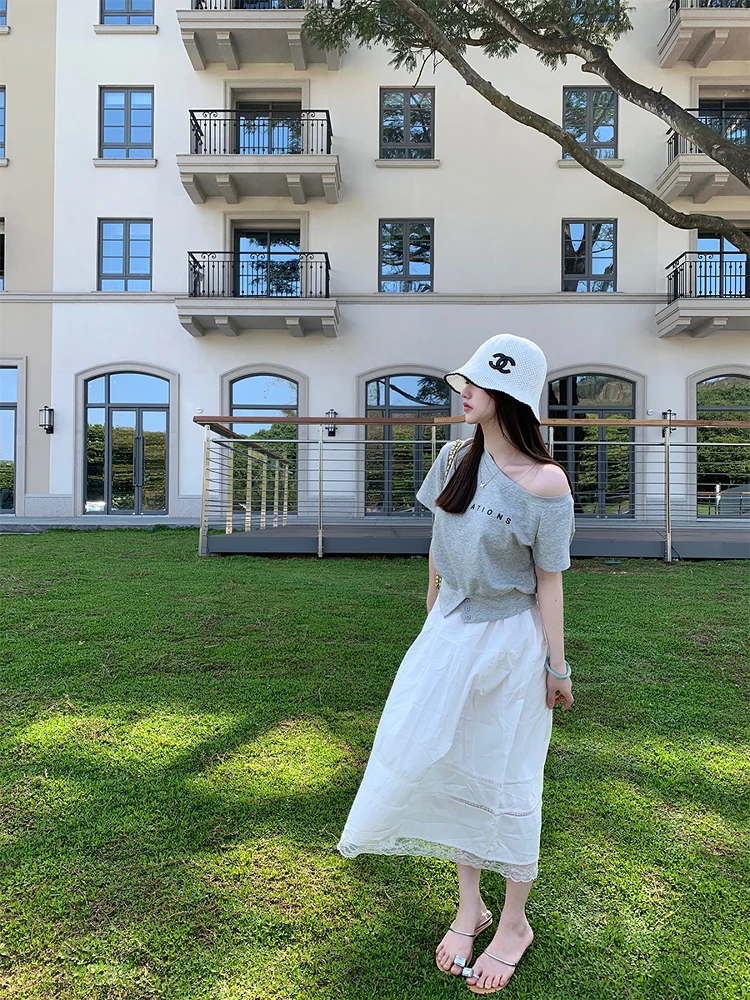 

Эле � � Белая юбка миди с кружевными вставками и эластичной талией, повседневная универсальная юбка А-силуэта с высокой талией