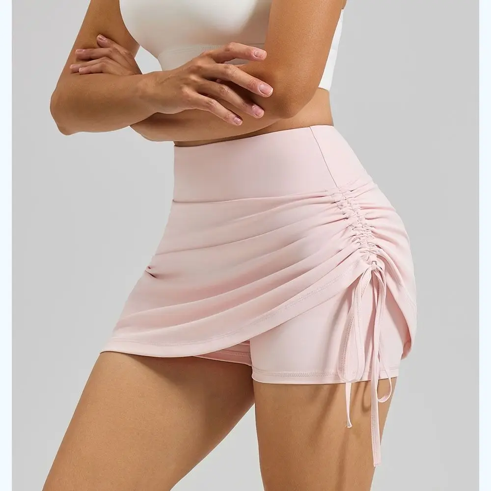Tennisrock mit Hoher Taille, Sportlicher Kurzrock, Einfarbig mit Seitlichem Kordelzug, Yoga-Shorts, Lässige Freizeit-Laufshorts, Golf-Hose – Detail 4