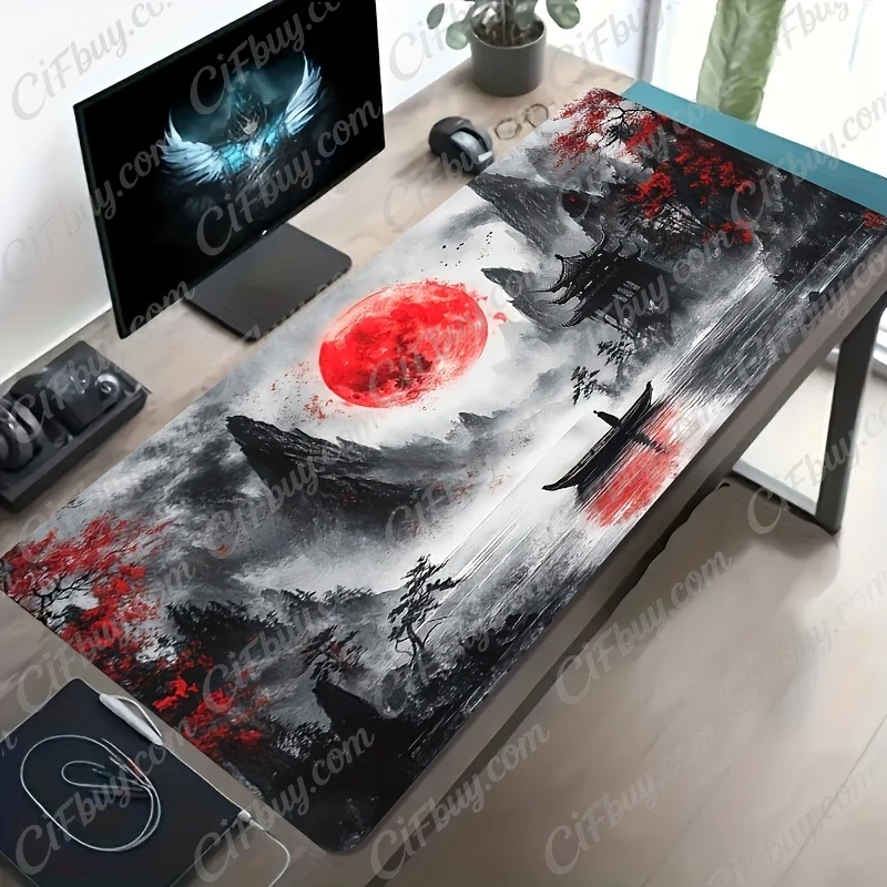 CIFbuy Large Red Moon Chinese Ink Landscape Gaming Mouse Pad Non Slip Rubber Base Stitched Edges Extended Desk Mat For PC Office