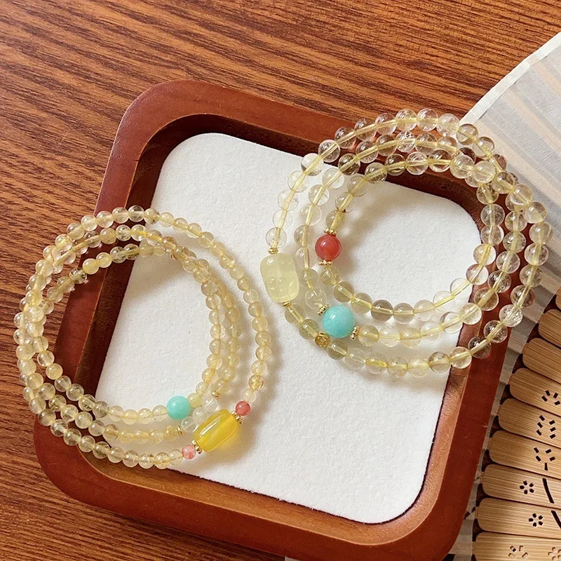 

Простой натуральный трехкруглый золотой рутиловый кварцевый браслет для женщин с Pixiu и счастливыми бусинами, ручная нить