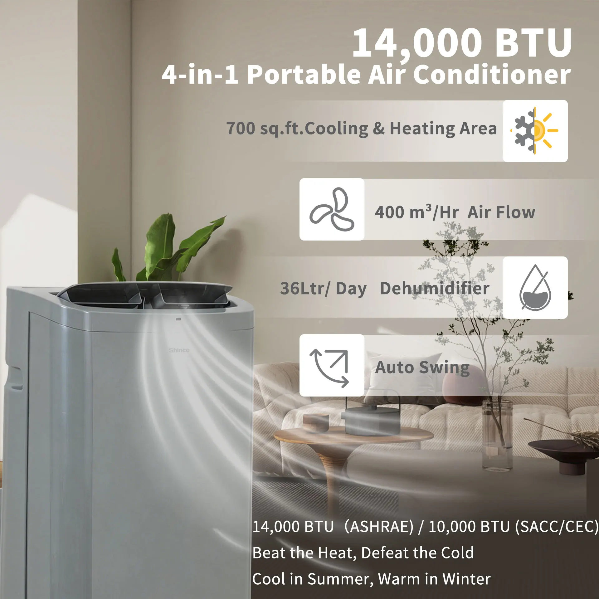 Shinco 14,000 BTU Portable Air Conditioner with Heater up to 700 Sq. Ft, Ac Heater Combo Window Unit, Portable AC Unit with Dehumidifier & Fan, Cools & Heats,Remote Control and Window Kit
