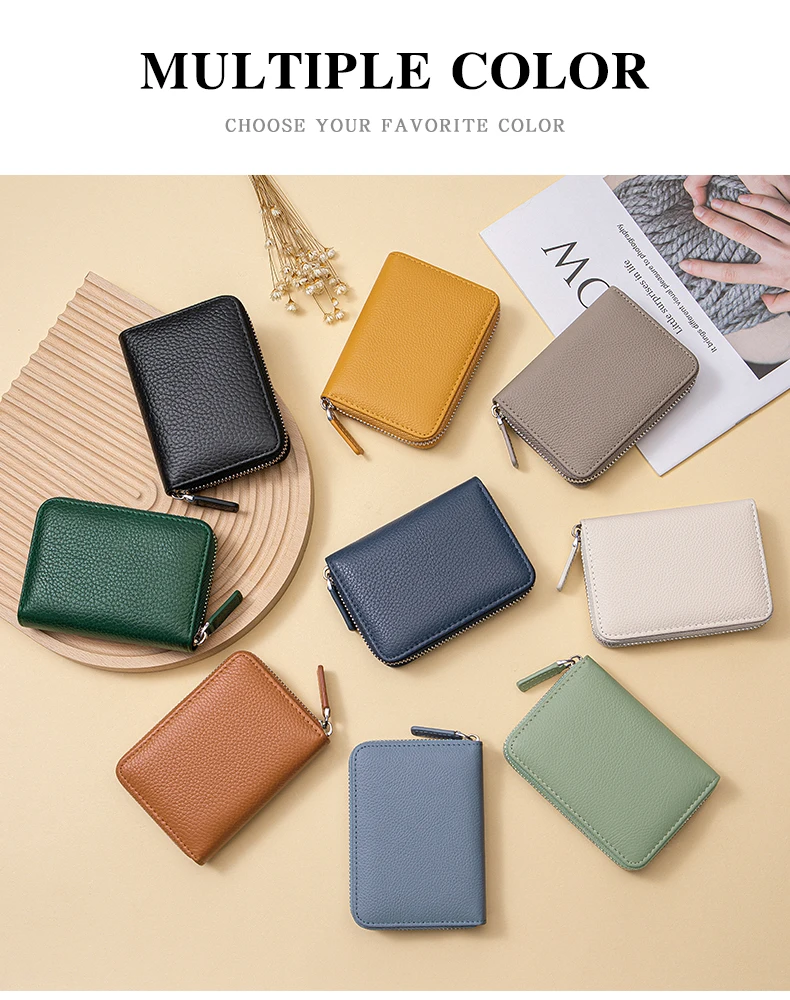 Genuine Leather Small Accordion Card Cases Holder For Women RFID Blocking Zipper Credit Card Wallet with Coin Pouch 2 Cash Slot