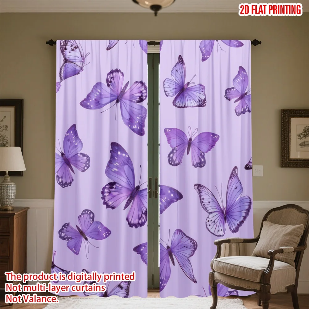 

2D flat printing 2pcs Window Curtains Purple Butterflies Fluttering Digital Printed Polyester Drapes All Season Party & Holiday