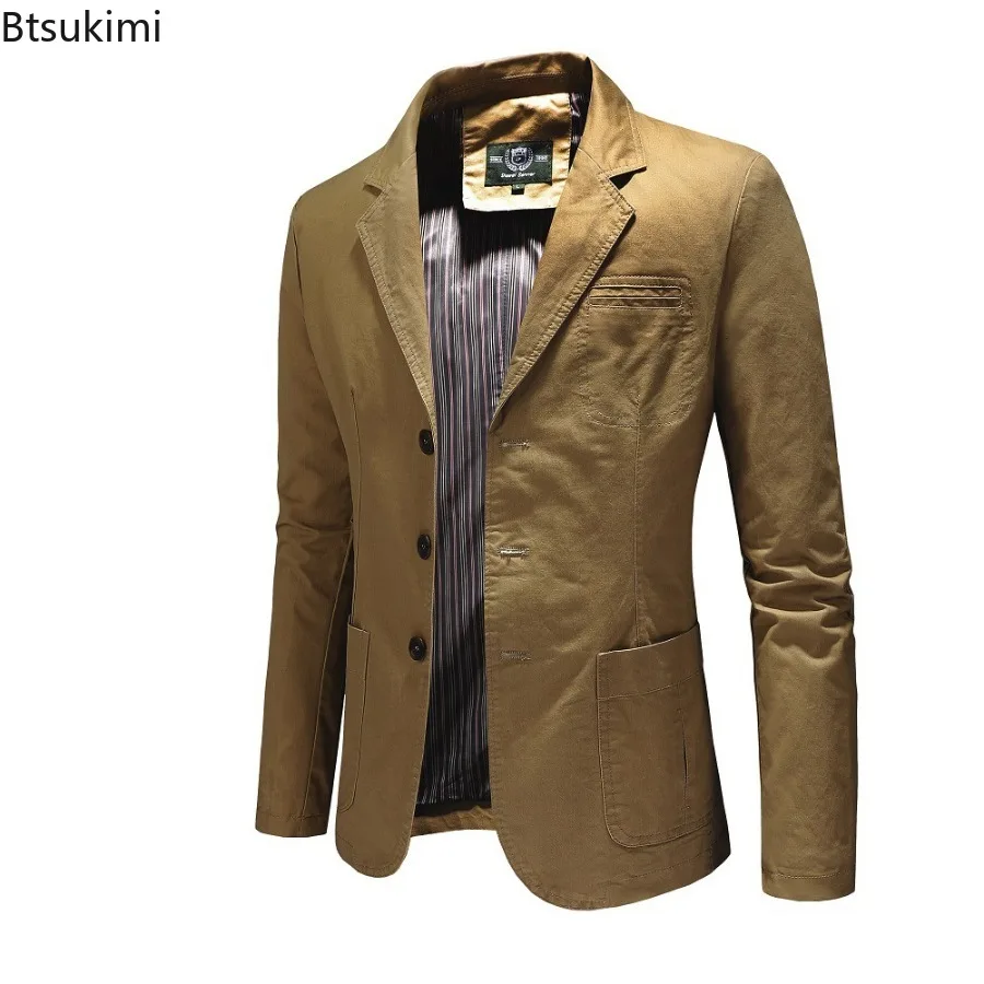 Spring Autumn Men's Blazer Jacket High-quality Business Casual Slim Jacket Fashion Lapel Multi-pocket Man Pure Cotton Suit Coats