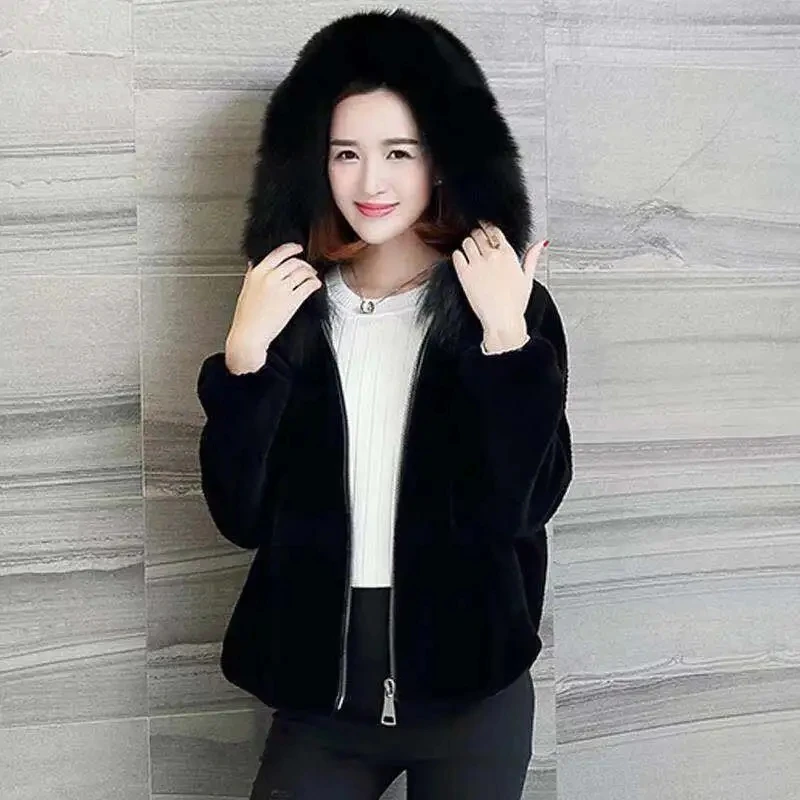 Women\'s Imitation Sheep Sheared Velvet Hooded Coat Korean Loose Fur Jacket Autumn Winter Thicken Warm Faux Fox Collar Overcoat