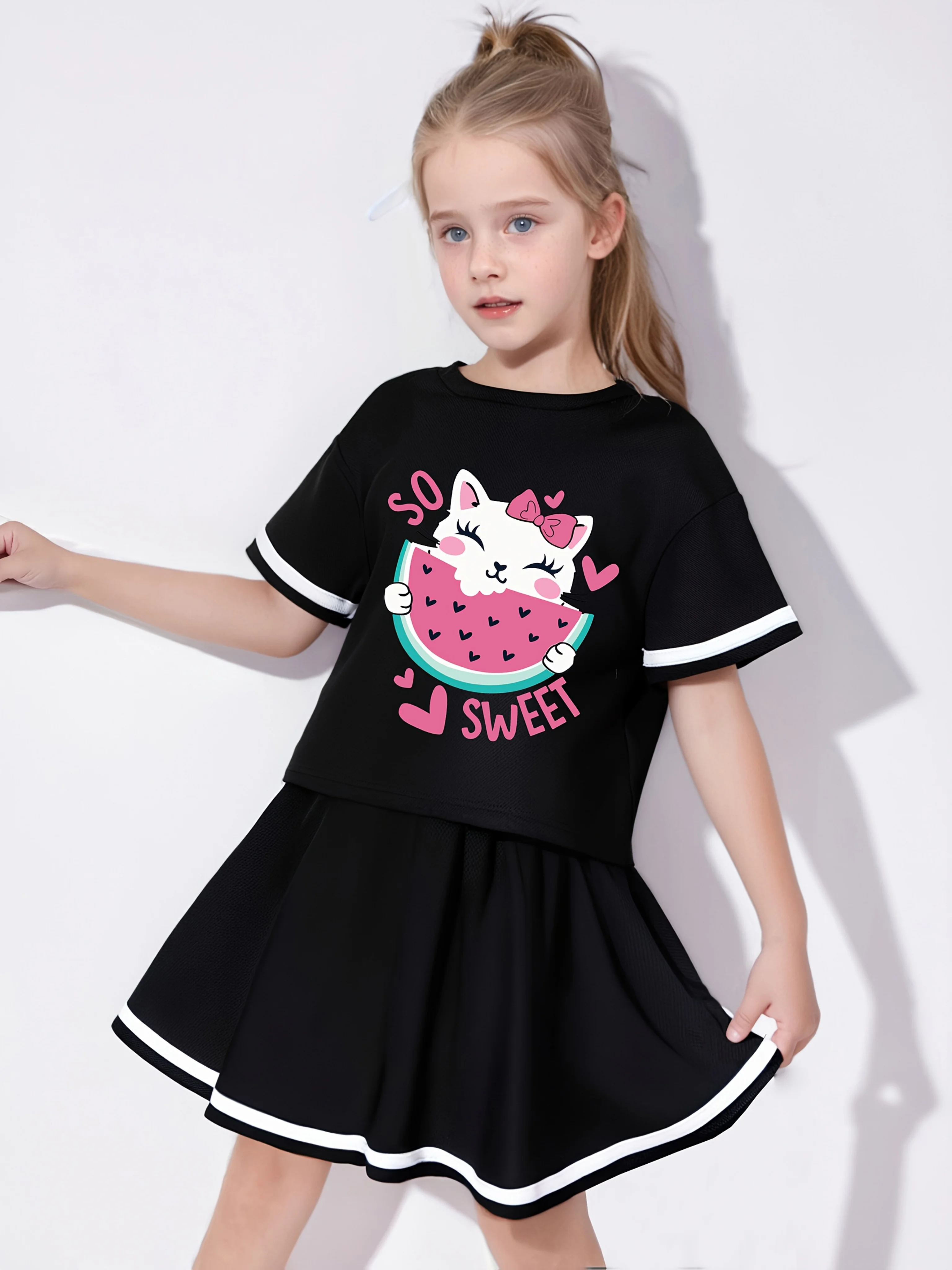 

Summer girl cat eating watermelon cartoon pattern print, half skirt set, short sleeved round neck top, pleated skirt