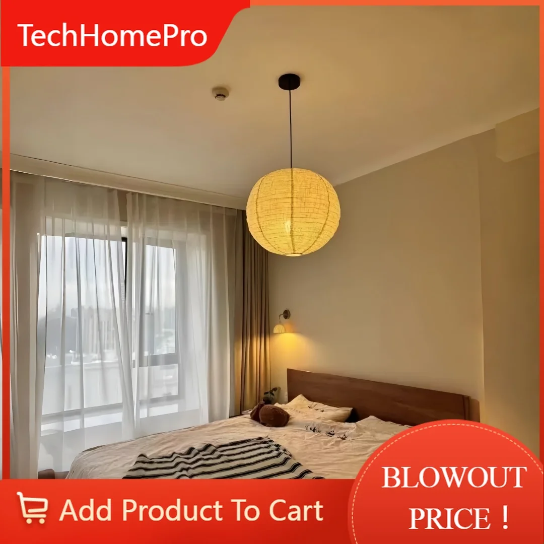 TechHPJapanese Wabi Sabi Round Paper Pendant Light Spherical Hanging Lamp For Living Room Bedroom Tea