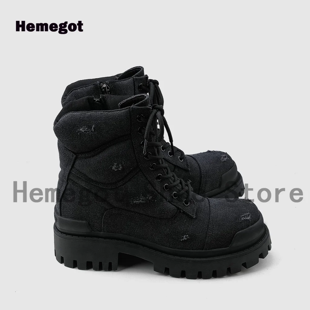 Black Grey Denim Men\'s Boots Designer Stylish Lace-Up Booties Males High-Top Wear-Resistant Luxurious Handmade Men\'s Shoes