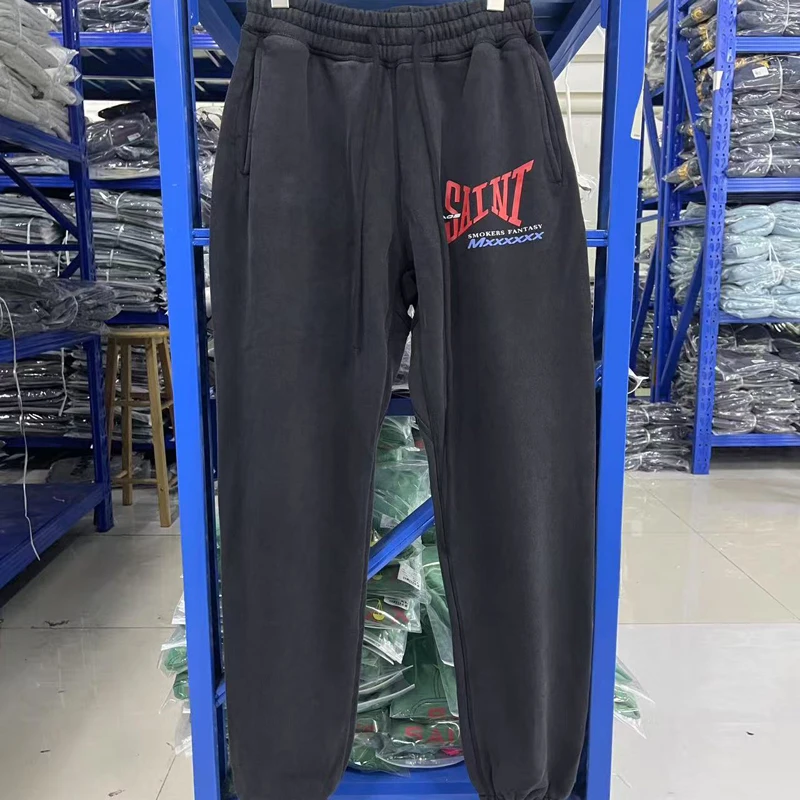 

25SS Новые мужские и женские пары Saint Mxxxxxx повседневные брюки High Street Fashion с буквенным принтом мытые старые спортивные штаны с эластичной резинкой на талии