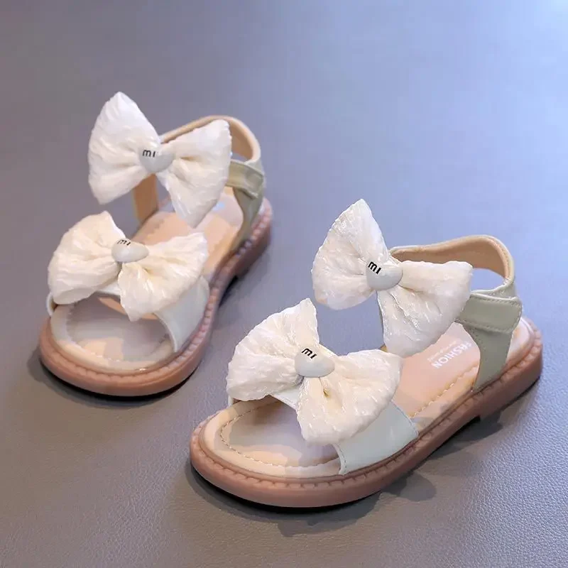 

2024 Kids Sandal Summer Elegant Princess Shoes for Girls Sweet Bowtie Causal Children Open-toe School Flat Sandals Soft Bottom