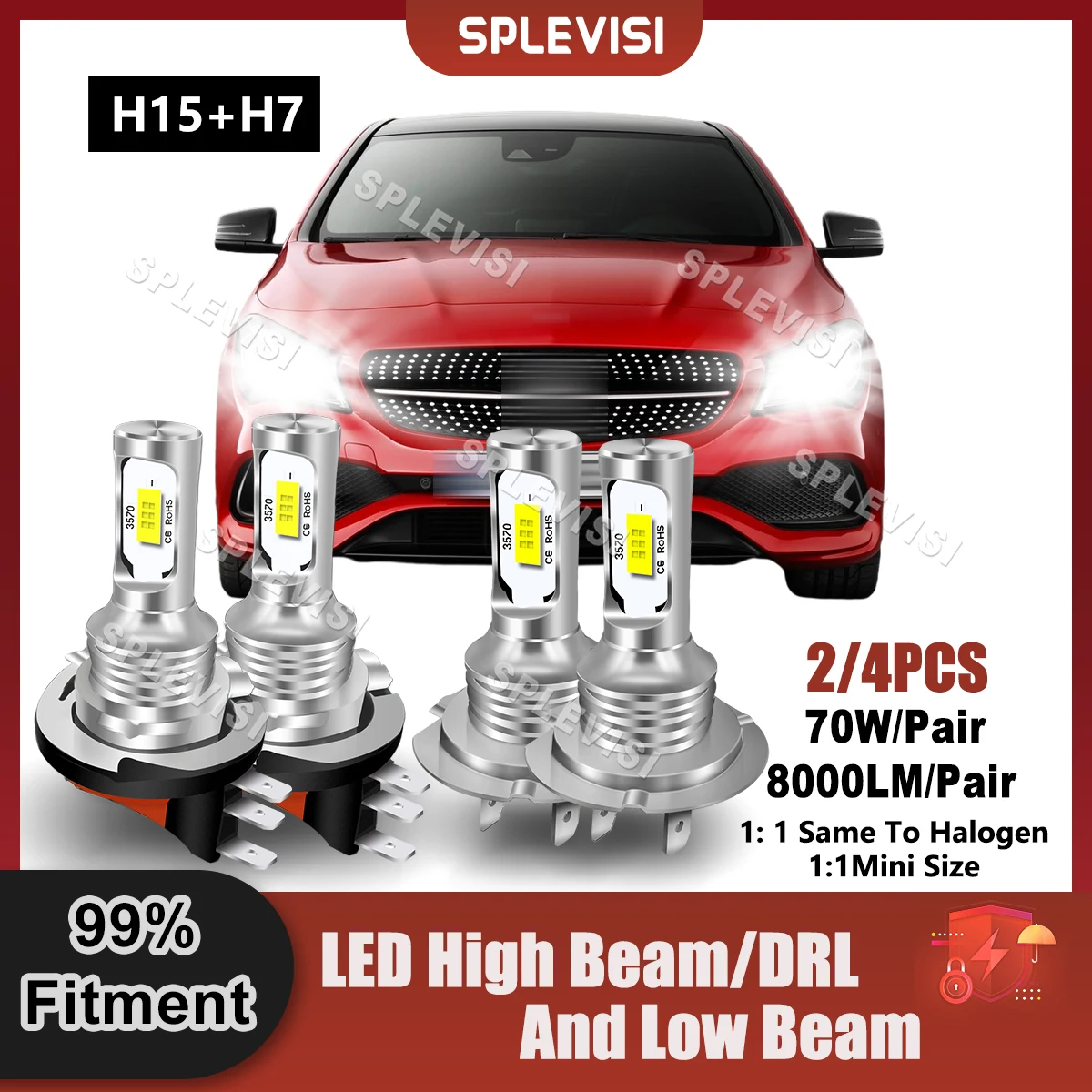 

Replace LED H15 High Beam/Daytime Running Light+H7 Low Beam Combo Bulbs For Mercedes CLA C117 2013 2014 2015 2016 2017 2018 2019