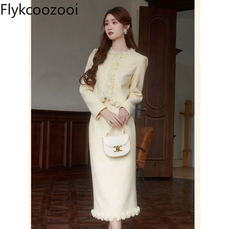 

Lady Sweet Appliques Floral O-neck Coat Women High-waisted Wrap Hip Mid Dress Autumn Straight Slim Pure Two Pieces Set