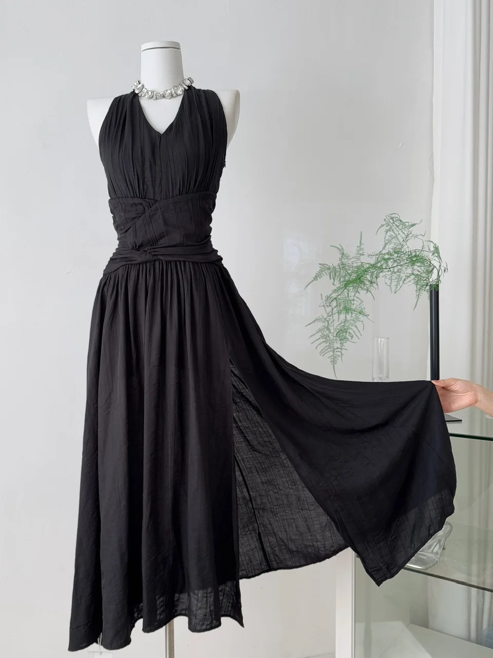 Ele Gefaltete Taille Svel V-Ne Dr Damen Hängender Ne Bla Dr Schlankmachender langer Rock Polyesterfaser Pendeln