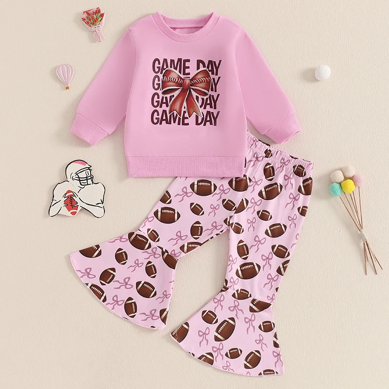 Little Girl Fall Outfits Bow Letter Print Long Sleeve Sweatshirt with Football Pattern Flare Pants 2Pcs Set