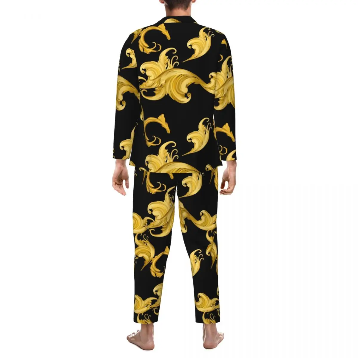 Pijamas de hojas barrocas para hombre, ropa de dormir cómoda Floral dorada para el hogar, conjunto de pijamas estampados holgados informales de 2 piezas para otoño