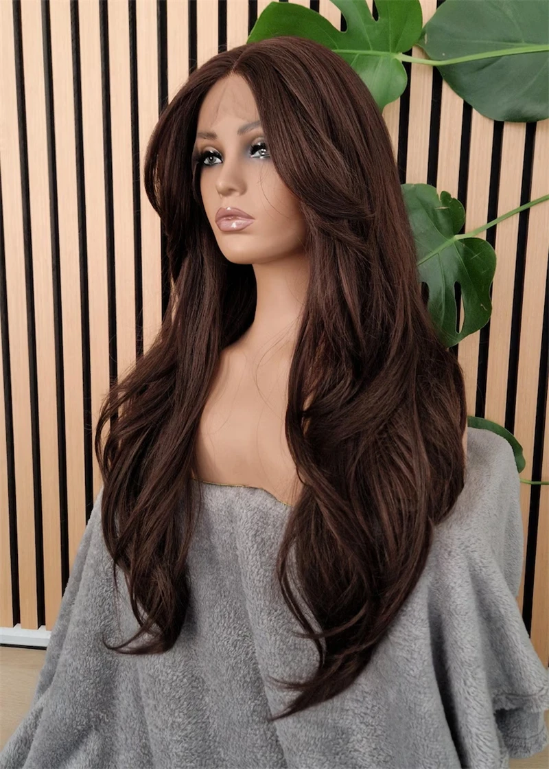 شعر مستعار طويل فضفاض موجة 13x4 أومبير الشوكولاته الداكنة البني يسلط الضوء على الدانتيل شعر مستعار أمامي ألياف صديقة للحرارة امرأة سمراء شعر مستعار موجة طبيعية #5