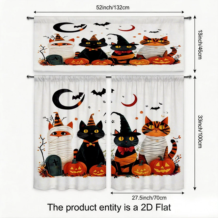 Halloween Fall Kitchen Curtains, Mummy Cat Witch Pumpkin, Digital Print, Kitchen Dining Room, Rod Pocket Polyester, Home Decor