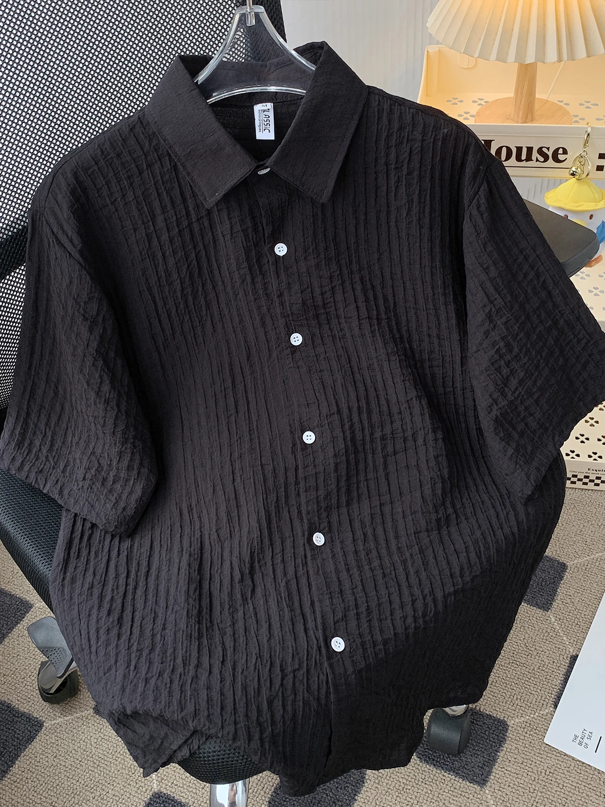 

Summer Thin ort Sve Casual irt Men's Loose Fit Vintage Hong Kong Sle Vertical Stripes Student Trendy Button up Top