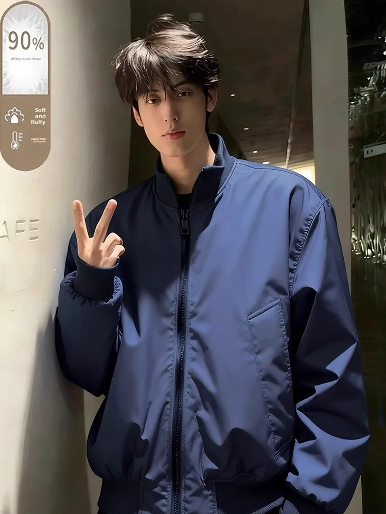 

Мужская куртка-бомбер Oumulong, синяя, с воротником-стойкой, с белым пуховым наполнителем, теплая, в стиле авиационной куртки, хлопковая верхняя одежда, зимнее пальто