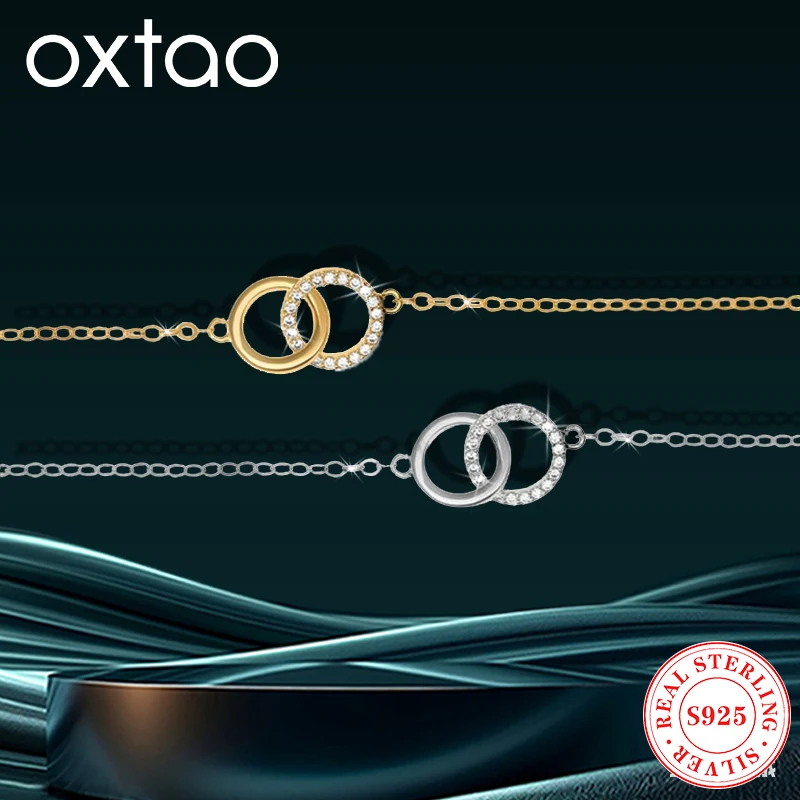 

OXTAO D Color Moissanite Double Circle Eternity Sister Bracelet for Women 925 Silver Hand Chain Eternity Linked Exquisite Girls