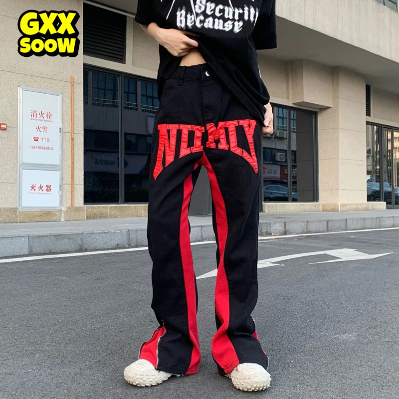 

Men Hip Hop Baggy Jeans Streetwear Color Block Patchwork Straight Denim Pants Homme Loose Trousers Men Clothing