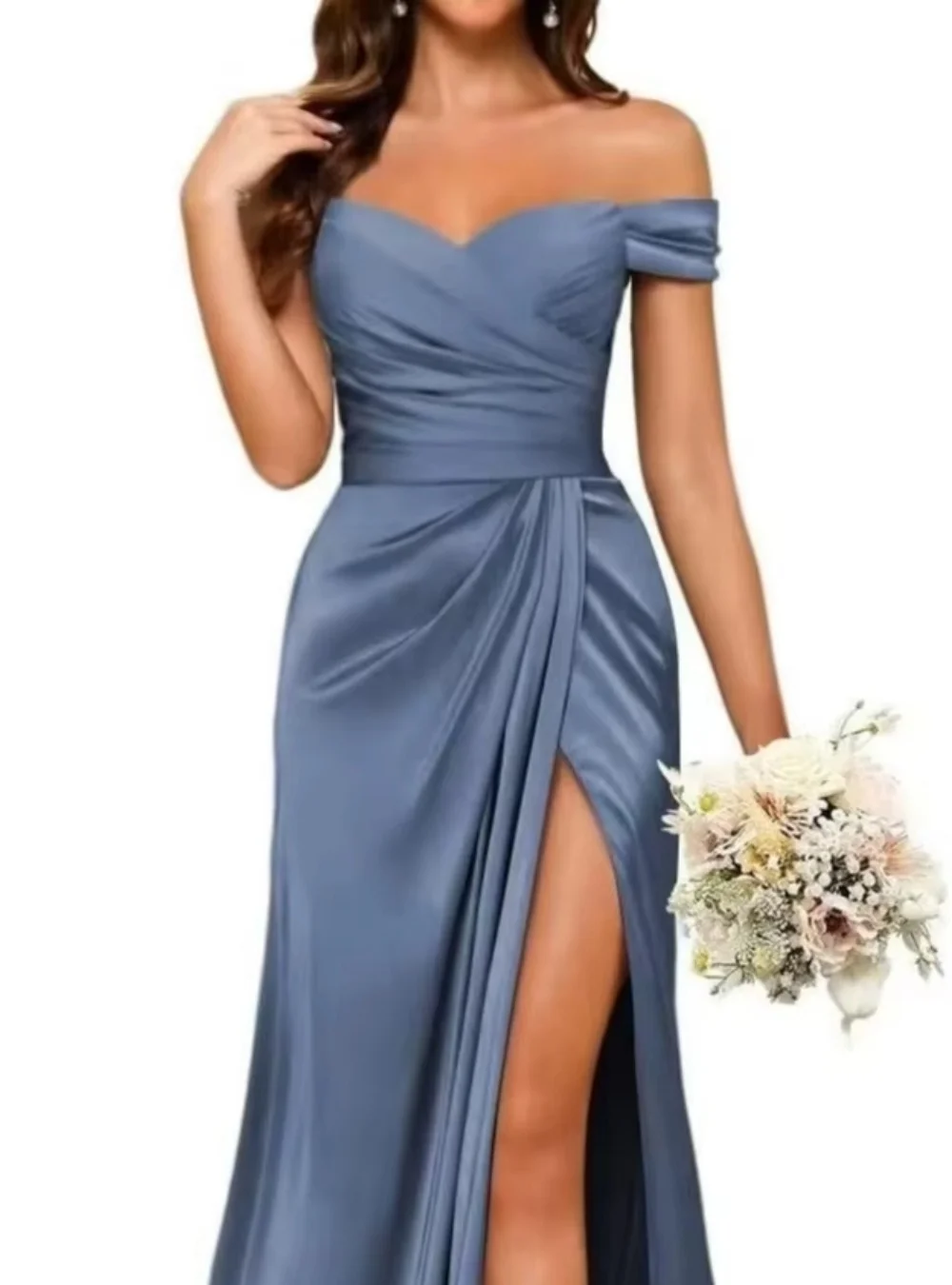 Серпанково-синее платье подружки невесты с открытыми плечами, 2025, атласное платье русалки с открытой спиной и складками по бокам, длиной до пола, свадебное платье по индивидуальному заказу