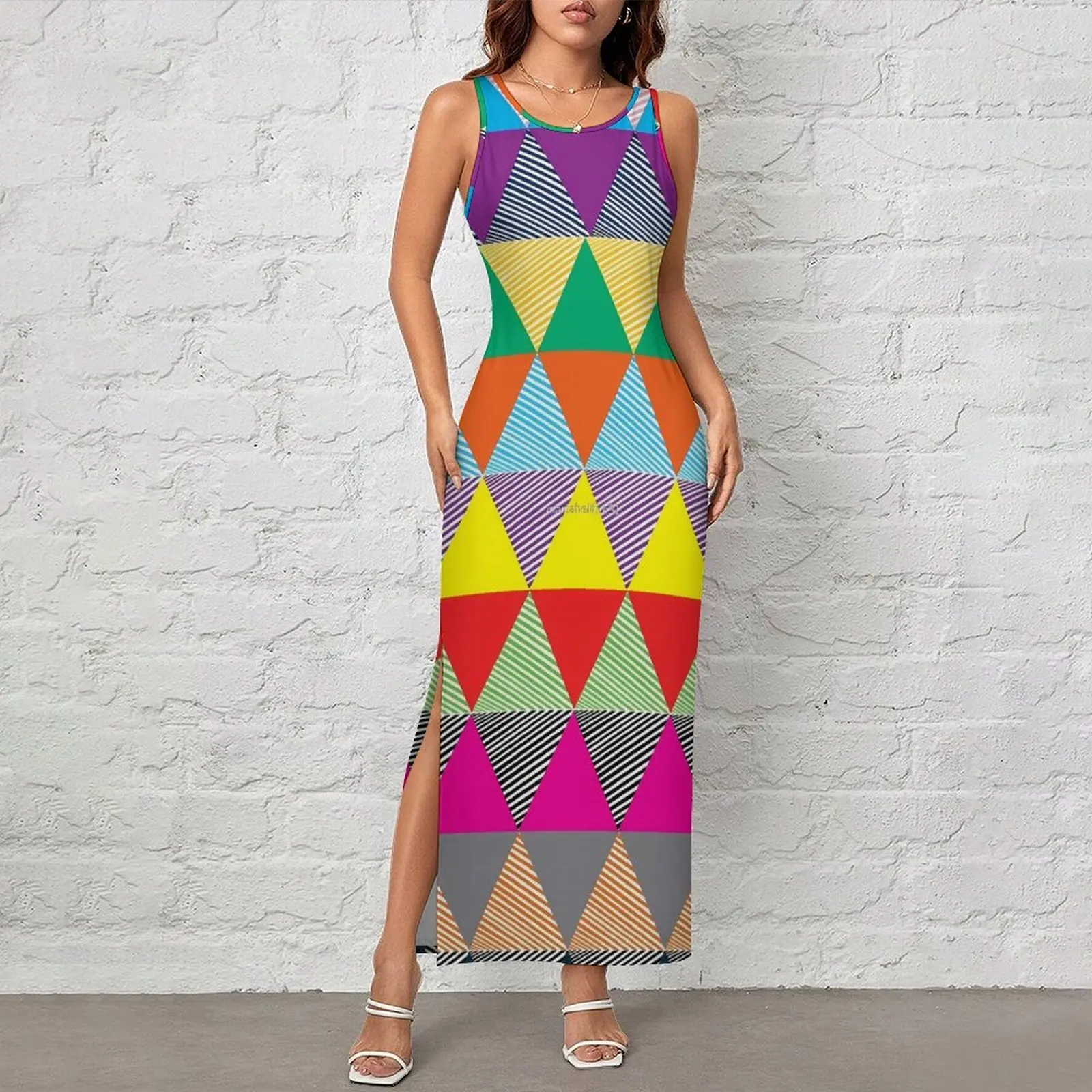 Colorblock Dress Sleeveless Color Diamond Club Party Maxi Dresses Spring Street Style Pattern Bodycon Dress Big Size 3XL 4XL