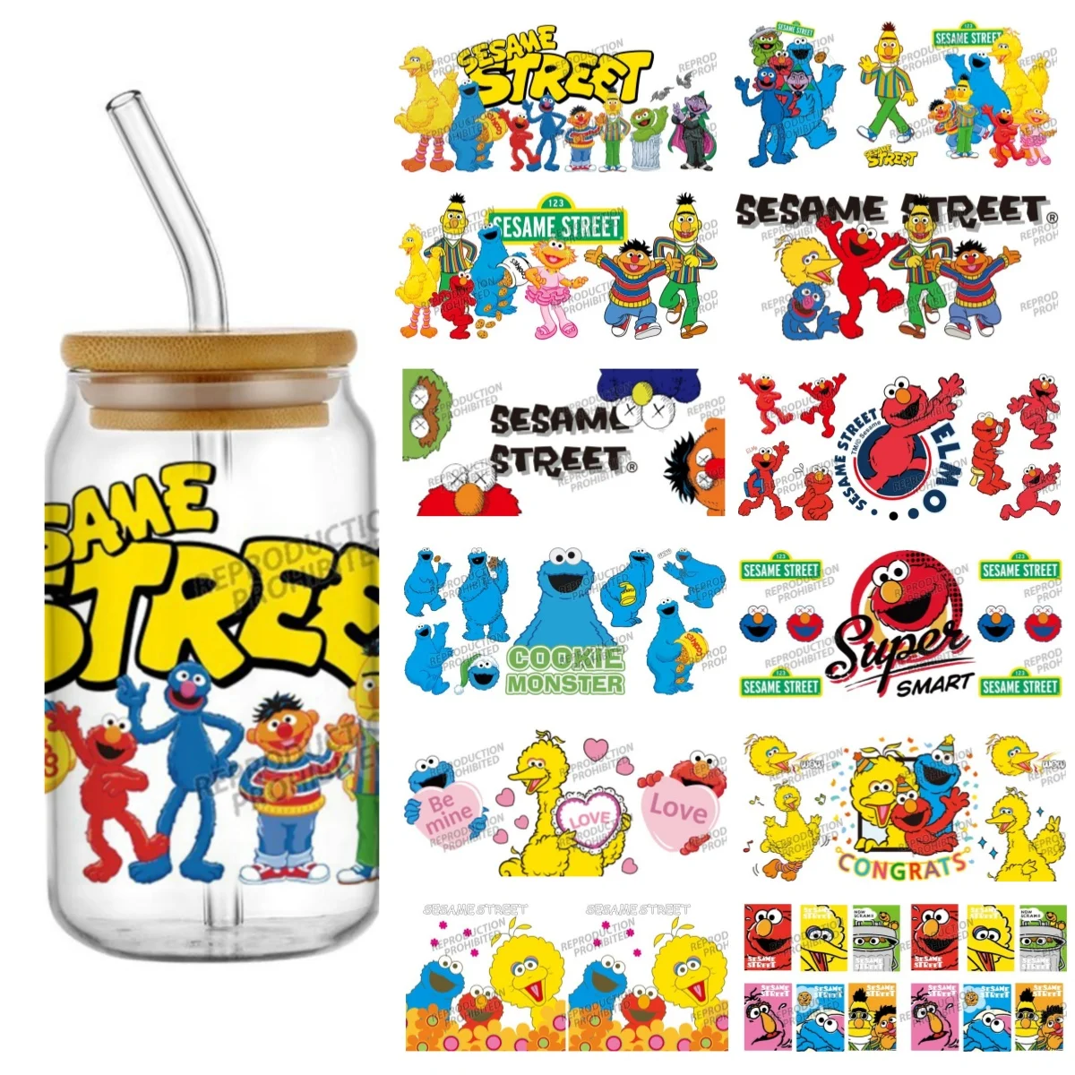 인기 40가지 디자인 만화 세서미 스트리트 UV DTF 16온스 스티커 데칼 귀여운 리비 유리캔 컵 머그 UVDTF DIY 생일 선물