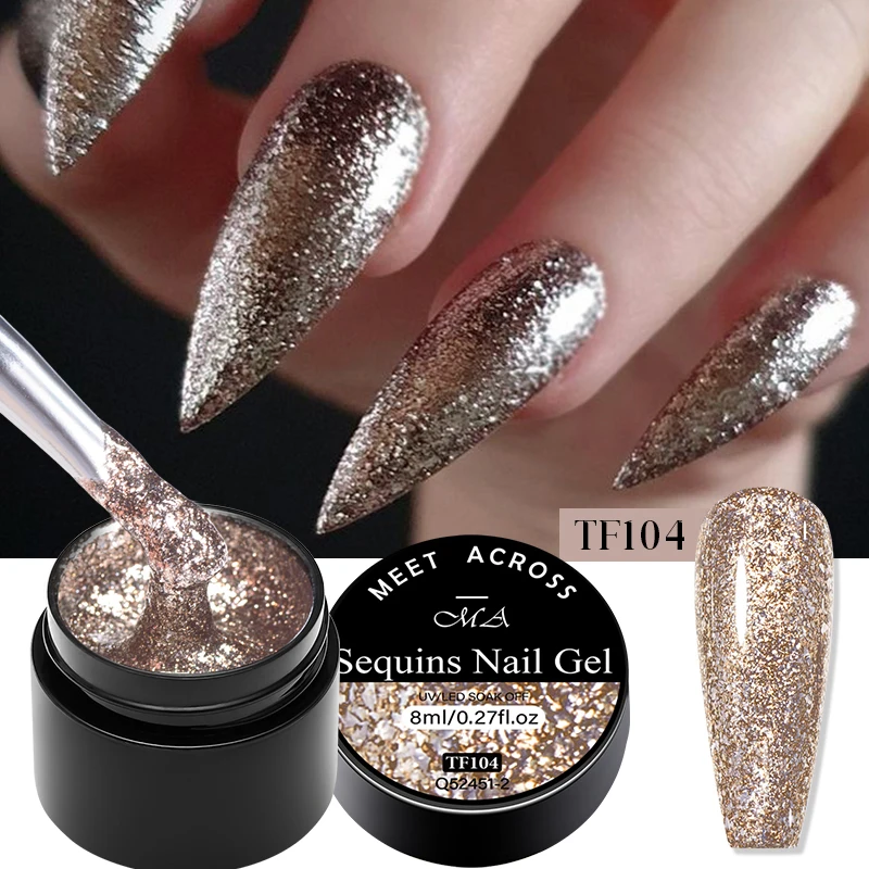 Incontra attraverso 8ml Glitter paillettes Gel smalto per unghie lucido argento scintillante platino rosa Semi permanente Nail Art Gel Manicure