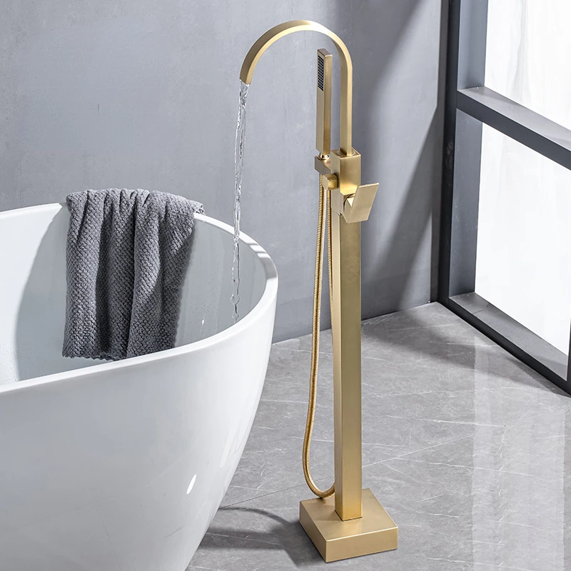 Brass Floor Bathtub Shower Set Rotating  Faucet Waterfall Outlet Mixer Tap Hot and Cold Dual-control Bathroom Faucets