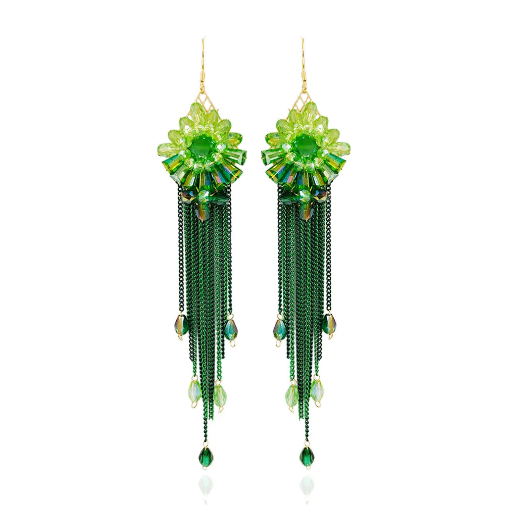 Rice bead earrings Crystal Chain Tassel Originality Flowers Hand knitting Bohemia Alloy Fashion Simple Beaded earrings