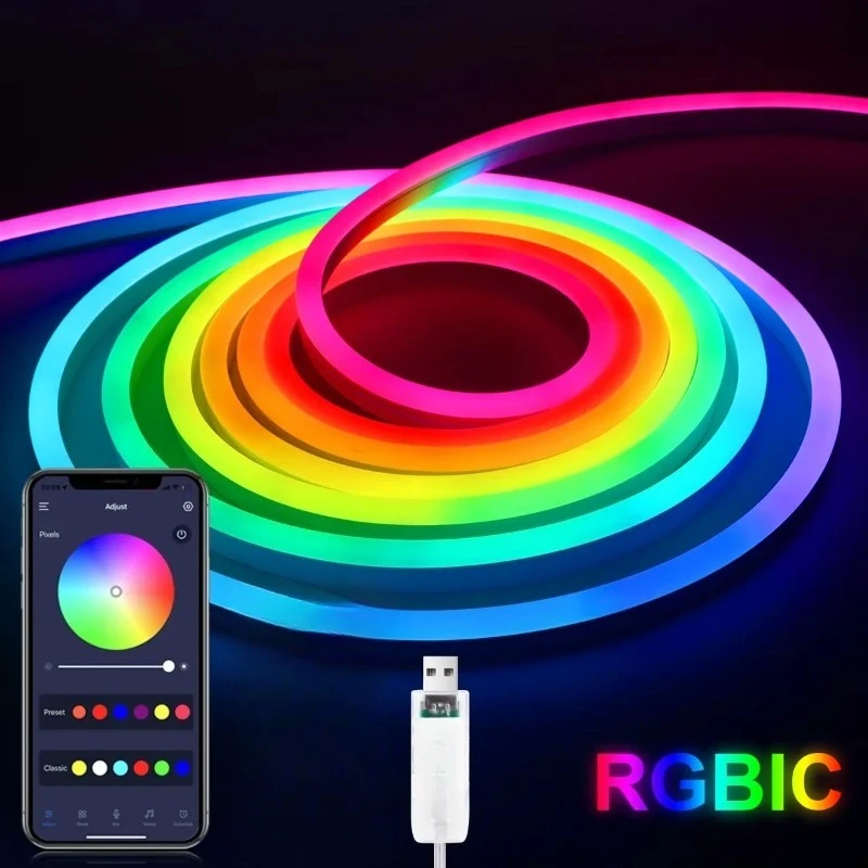 

Умная Bluetooth RGBIC неоновая светодиодная лента, водонепроницаемая USB-лента, неоновая подсветка для вечеринок/комнат/игровых комнат, управление через приложение