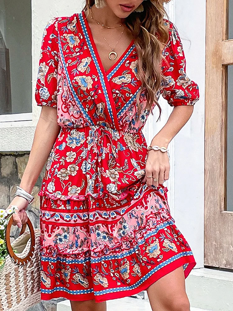 Jim & Nora Sommer elegante Boho Outfits für Damen Frauen Blumen druck Kurzarm V-Ausschnitt Mini kleider Strand tragen Kleid Mode