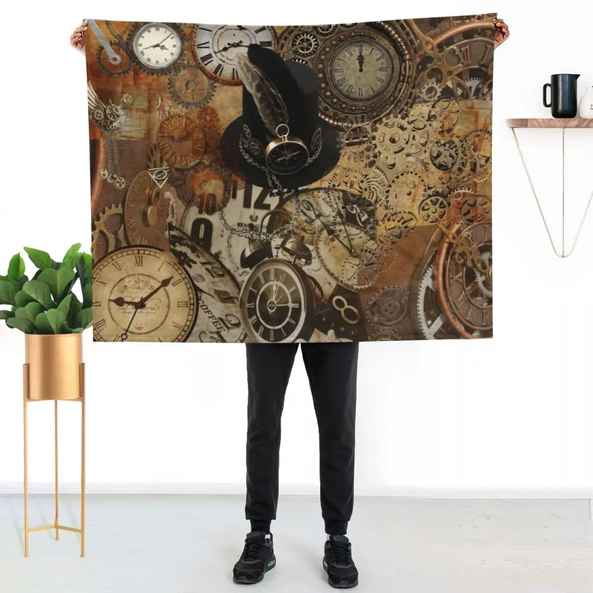 Time and Motion Steampunk Digital Collage Throw Blanket Travel Flannel Fabric Beautifuls warm winter Plaid wednesday Blankets