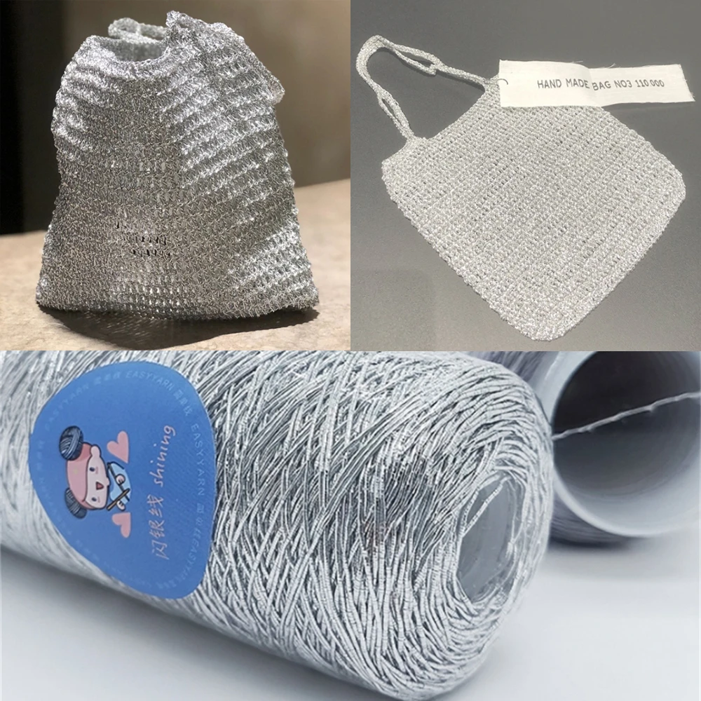 Silber handgemachtes Garn beliebte gleiche Art gewebte kleine silberne Tasche gewebte Flash Core Draht Häkel nadel 200g 1 Kugel garn