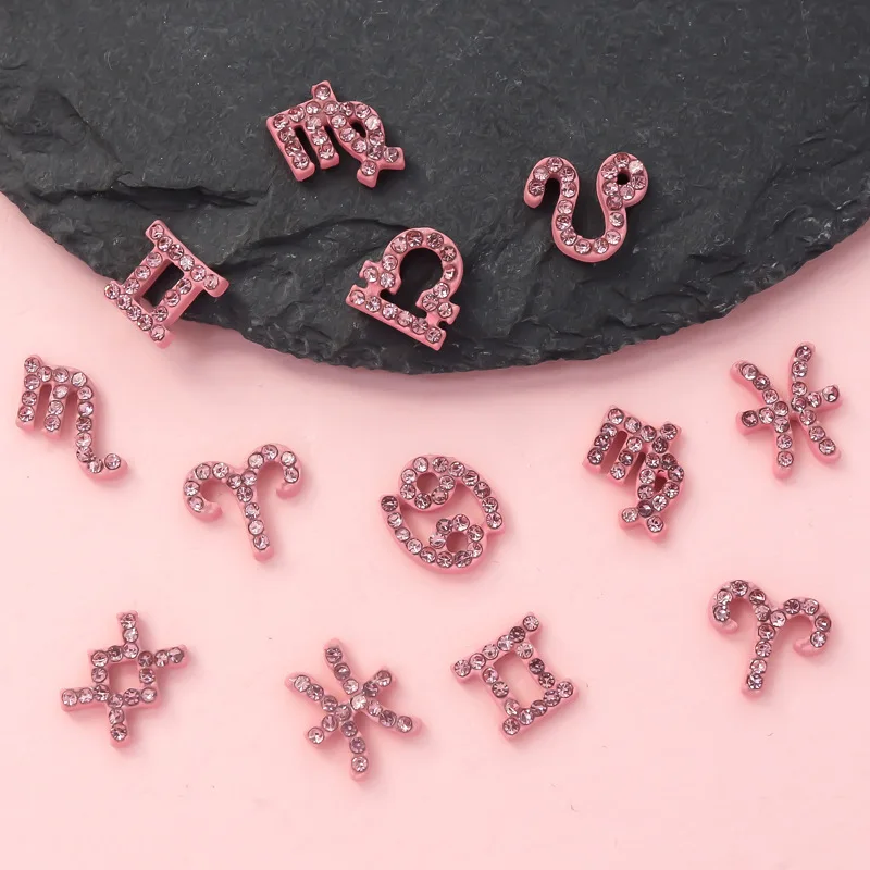 10pcs New Pink Twelve Constellations with Ring less Diamond Embedding Alloy Jewelry Unique Design Element 3D Fingertip Nail Art