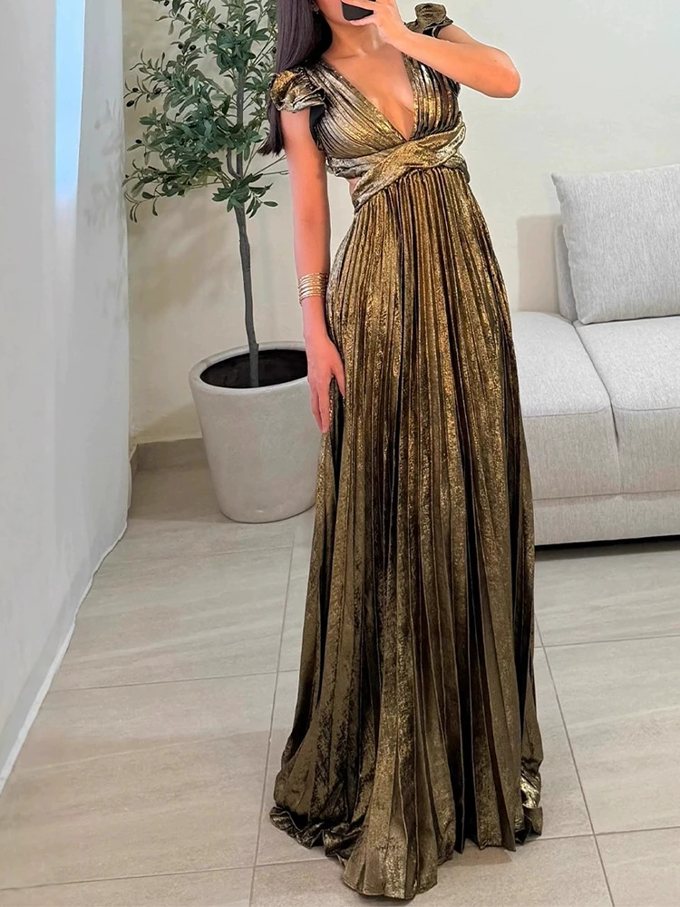 سيدة الموضة ثنيات الخصر سوينغ فستان طويل مثير عارية الذراعين ضمادة الدانتيل متابعة ثوب مجوف أنيق الخامس الرقبة بلا أكمام فستان الحفلات الصلبة #6